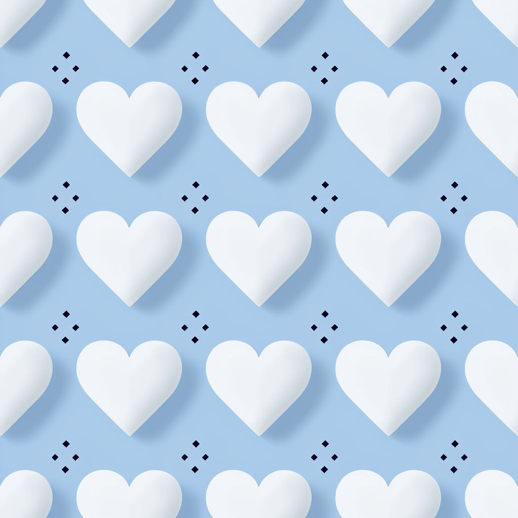 Symmetrical White Hearts on Sky Blue Background Seamless Pattern