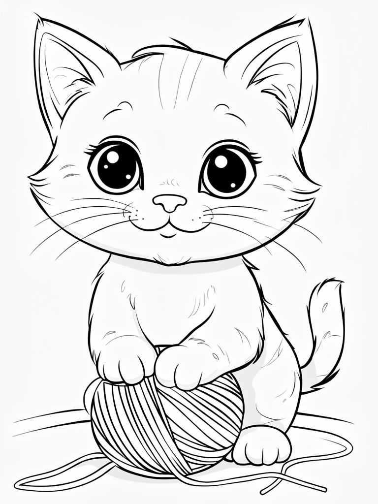 Cute Cartoon Kitten with Yarn Ball Coloring Page