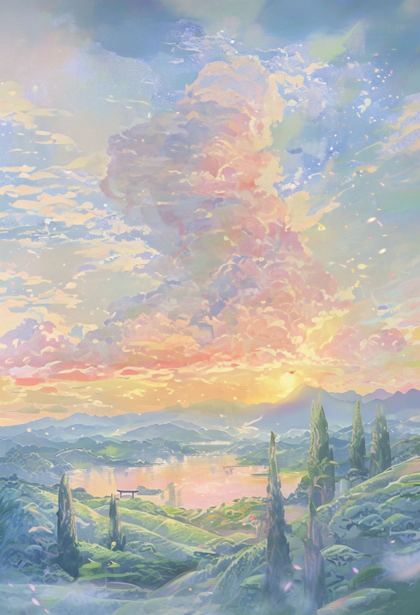 Vibrant Anime Sunset Landscape with Pointillist Aesthetic Art