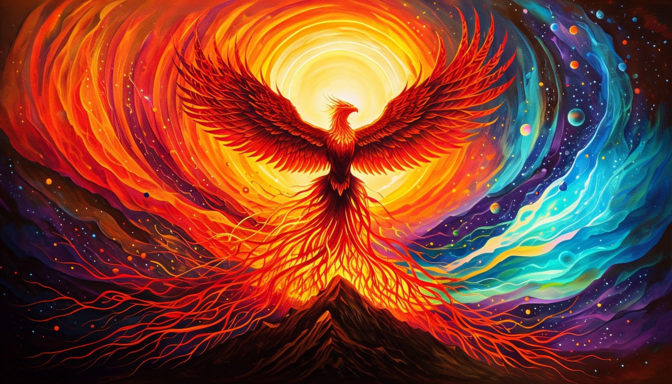 Majestic Phoenix Rising from Cosmic Flames Abstract Background