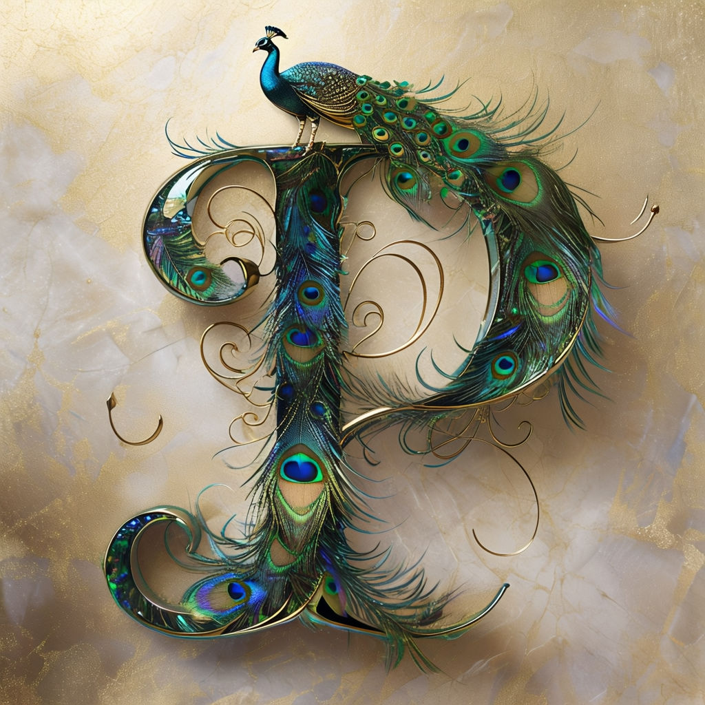 Iridescent Peacock Feather Art Nouveau Monogram P Art