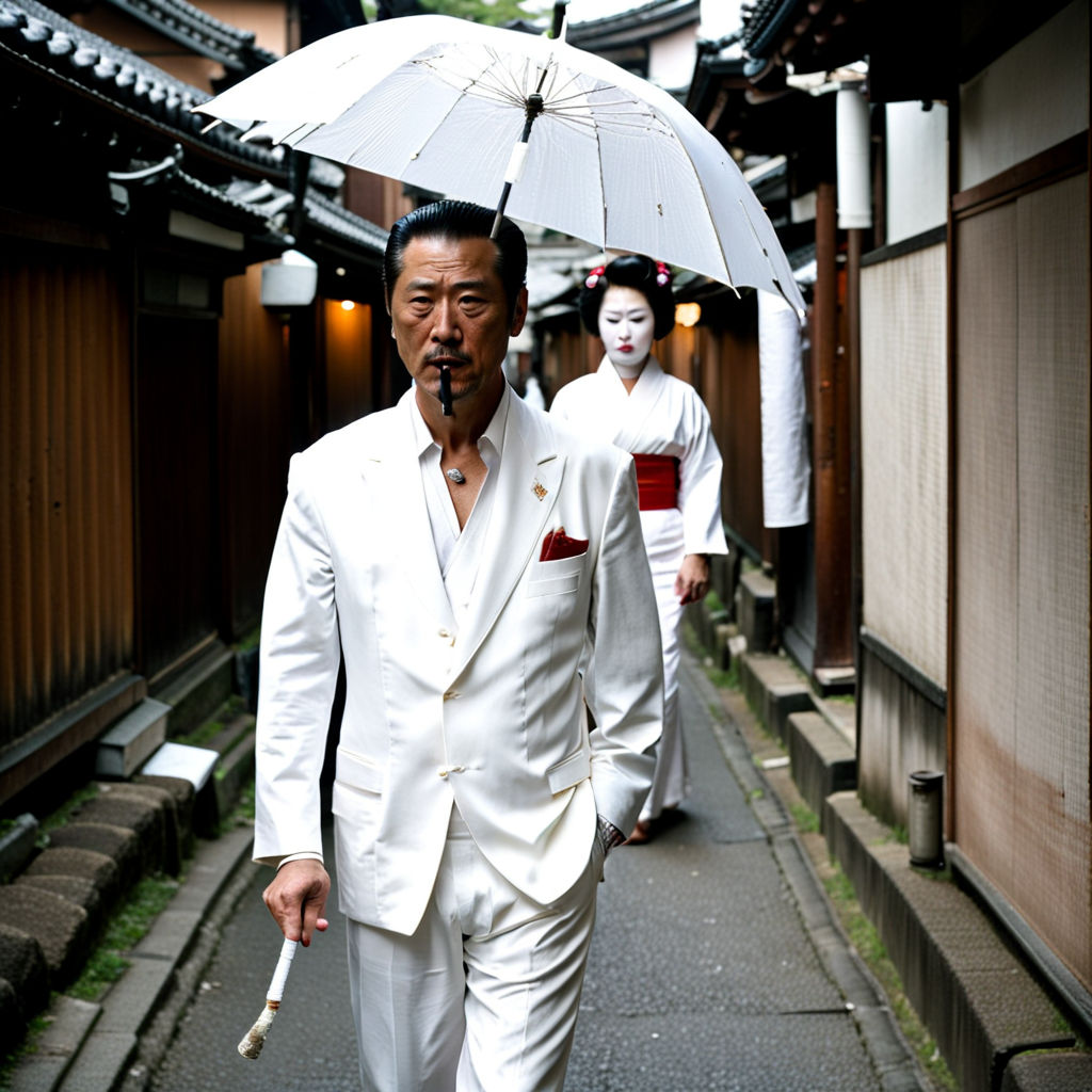 A yakuza in a white suit is walking down an alley in kyoto. ... by ...