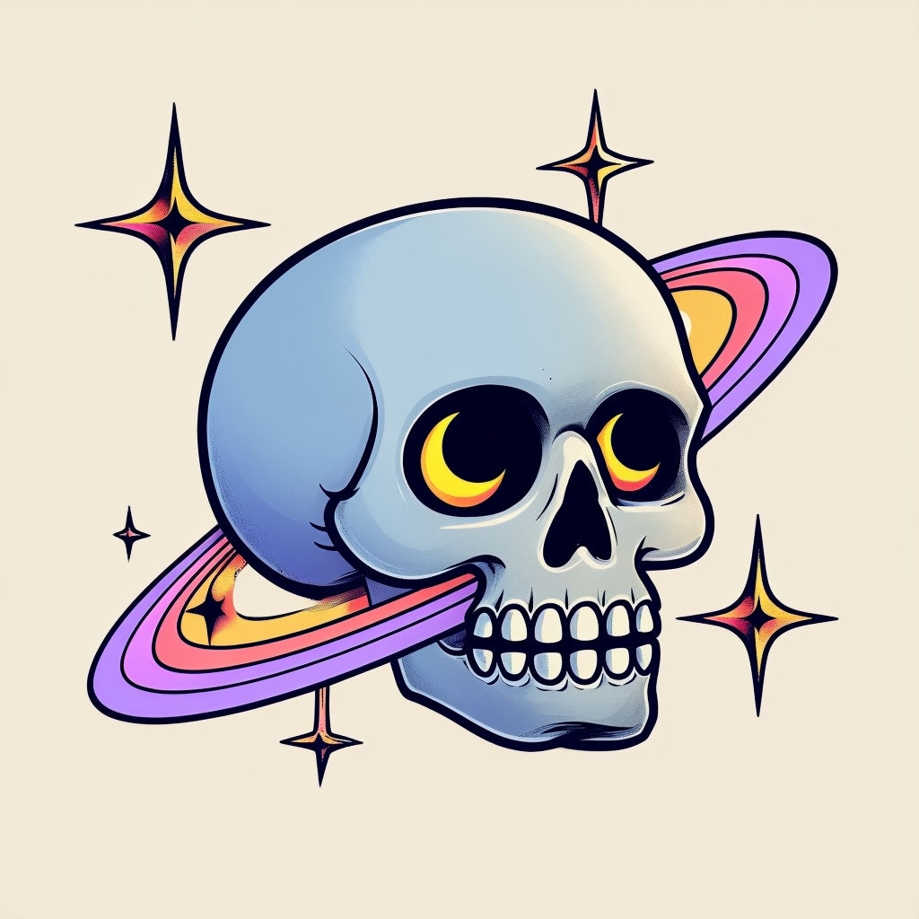 Whimsical Cartoon Skull with Colorful Cosmic Halo Sticker