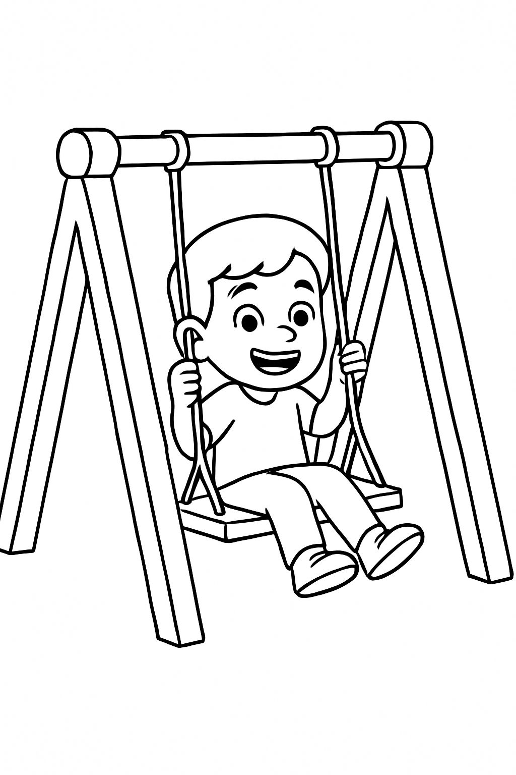 Cheerful Cartoon Boy Swinging on A-Frame Swing Coloring Book Page