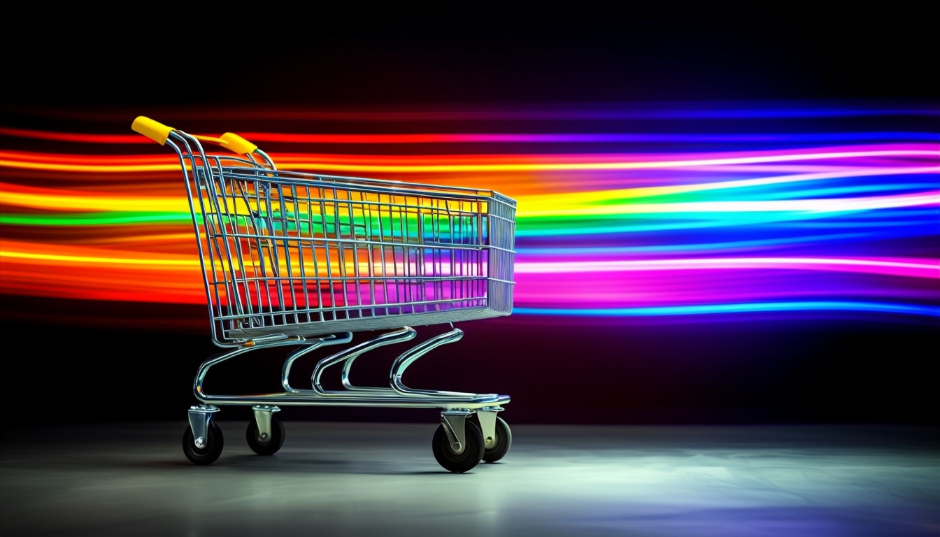 Dynamic Metallic Shopping Cart with Colorful Light Streaks Background