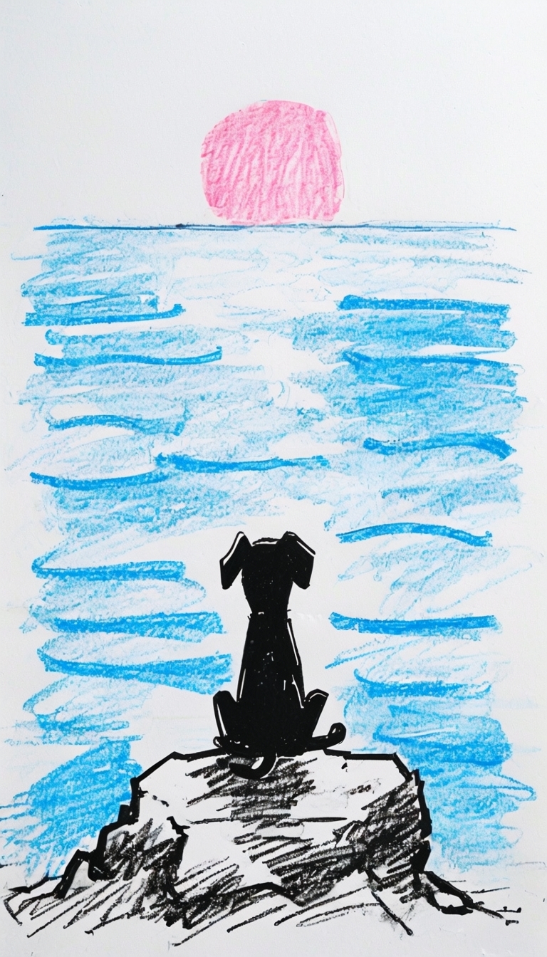 Childlike Serene Landscape with Black Dog and Pink Sun Art