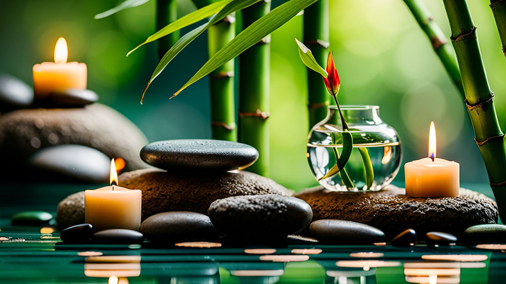 macro photography of a bamboo water fountain in nature. surrounded by small stones, flowers, candles, small plants, candles, and bamboo leaves. Zen stones. Miki Asai's macro photography technique stands out, focusing on intricate details and sharp focus. The image is gaining attention on ArtStation and is attributed to Greg Rutkowski, background bamboo tree and bamboo leaves, Miki Asai Macro photography, close-up, hyper detailed, trending on artstation, sharp focus, studio photo, intricate details, highly detailed, by greg rutkowski