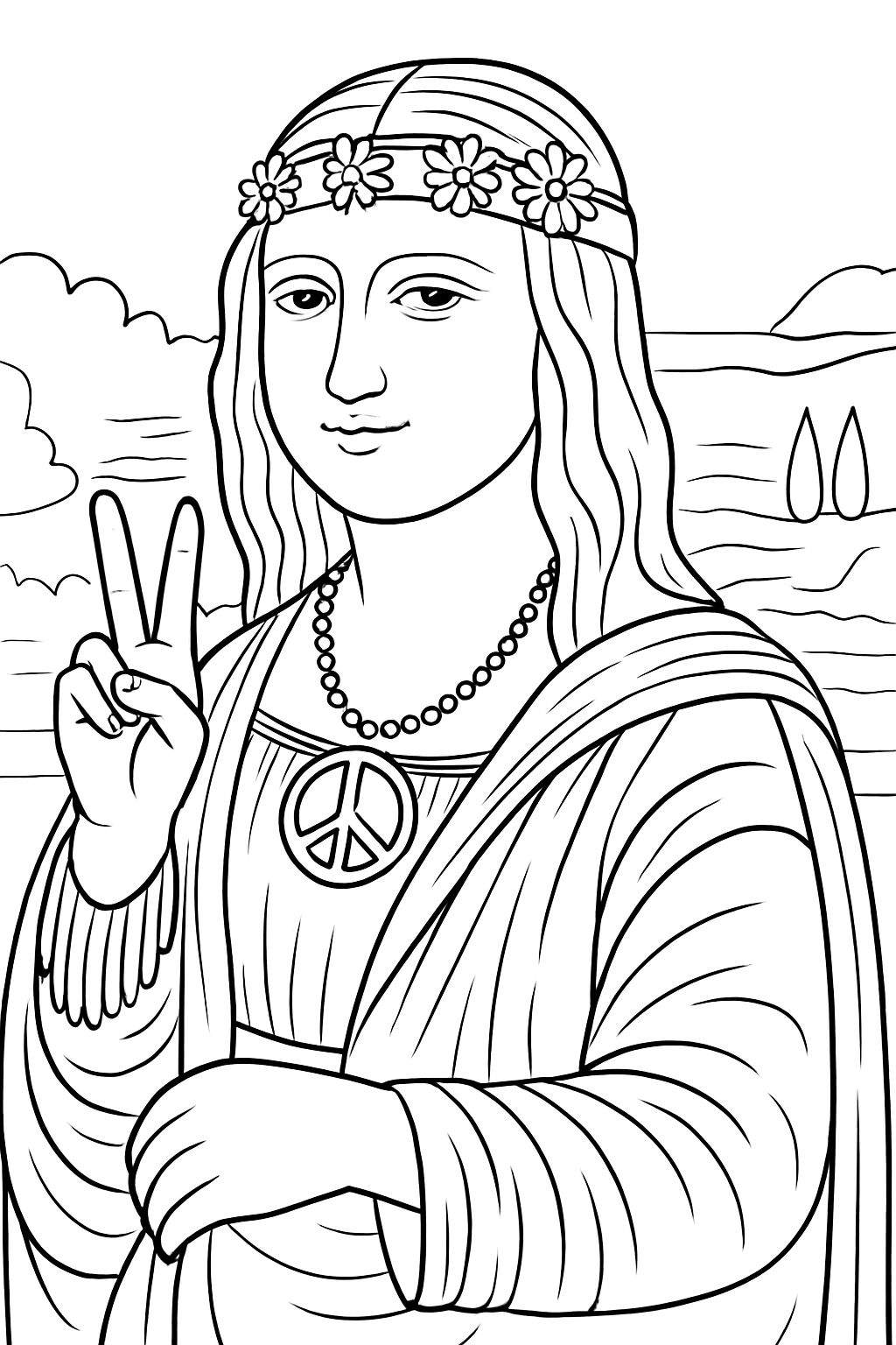 Playful Hippie Mona Lisa Line Drawing for Coloring Book Pages