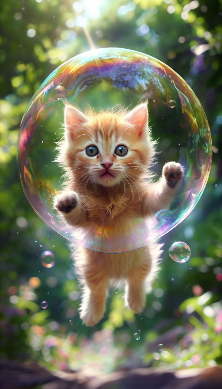 Whimsical Orange Tabby Kitten in Soap Bubble Mobile Wallpaper