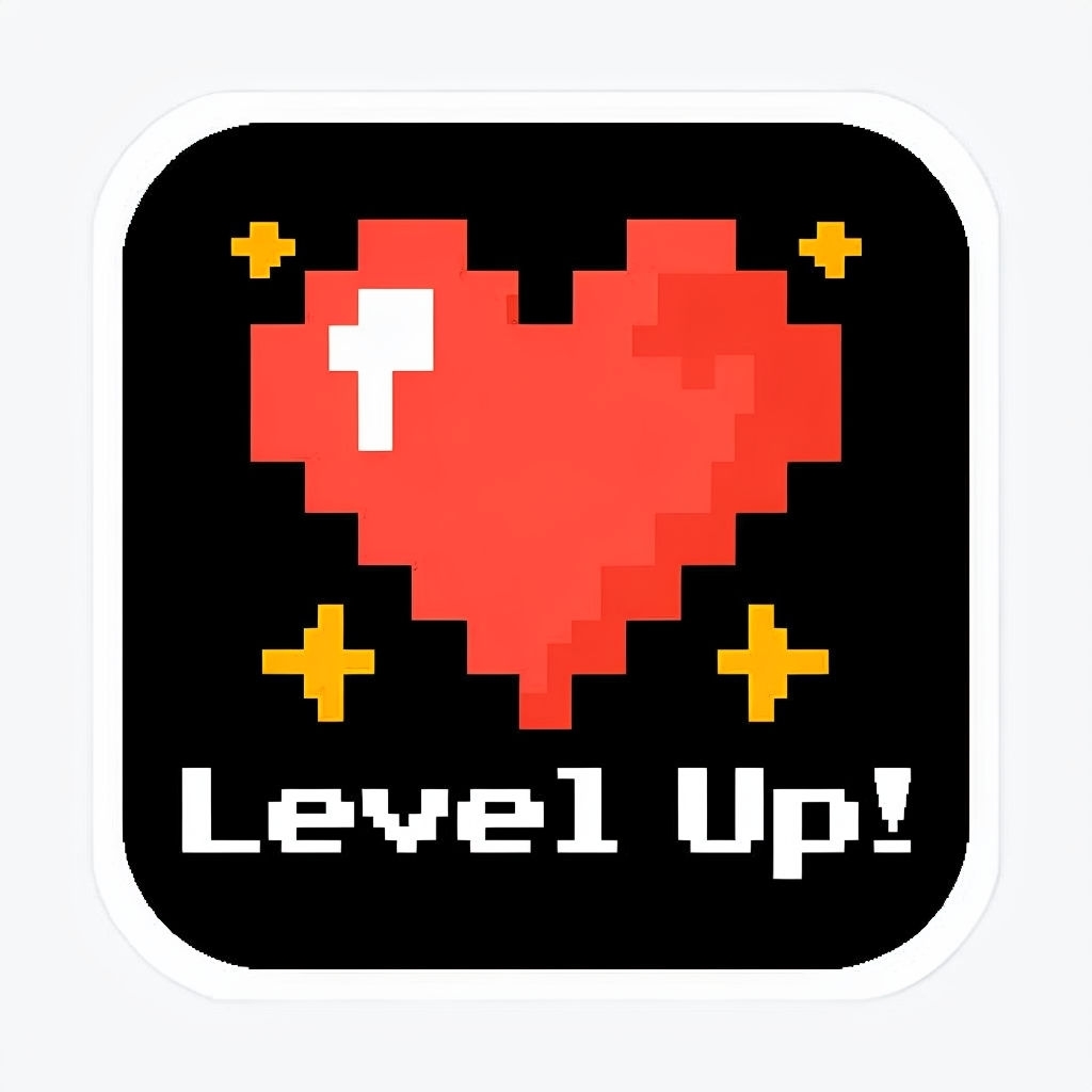 Pixelated Red Heart Level Up Sticker with Stars on Black Background