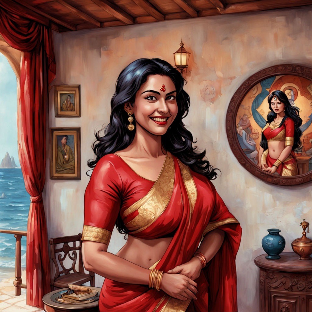 Create a compelling illustration of two Indian women showing their boobs