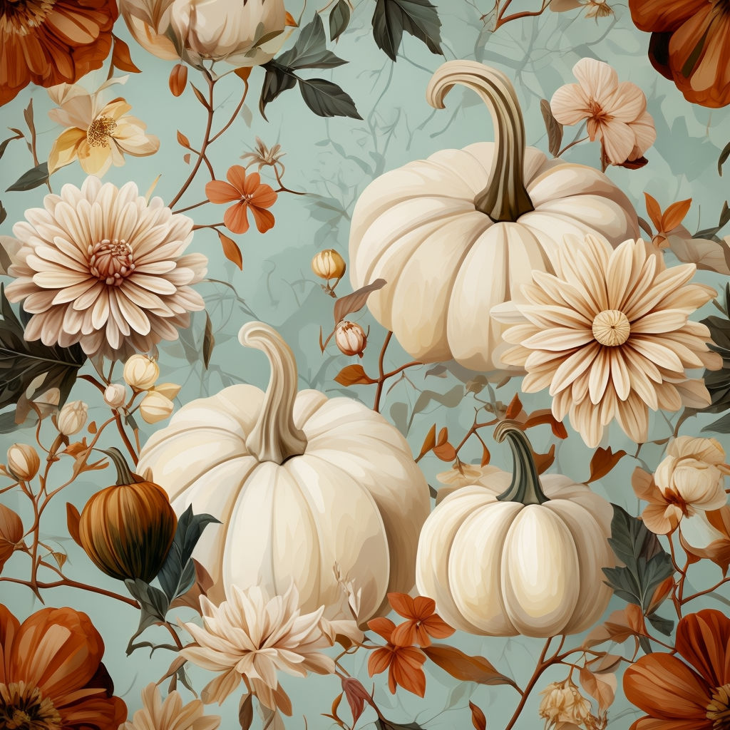 Vintage Botanical Seamless Pattern of Cream Pumpkins and Flowers Mobile Wallpaper