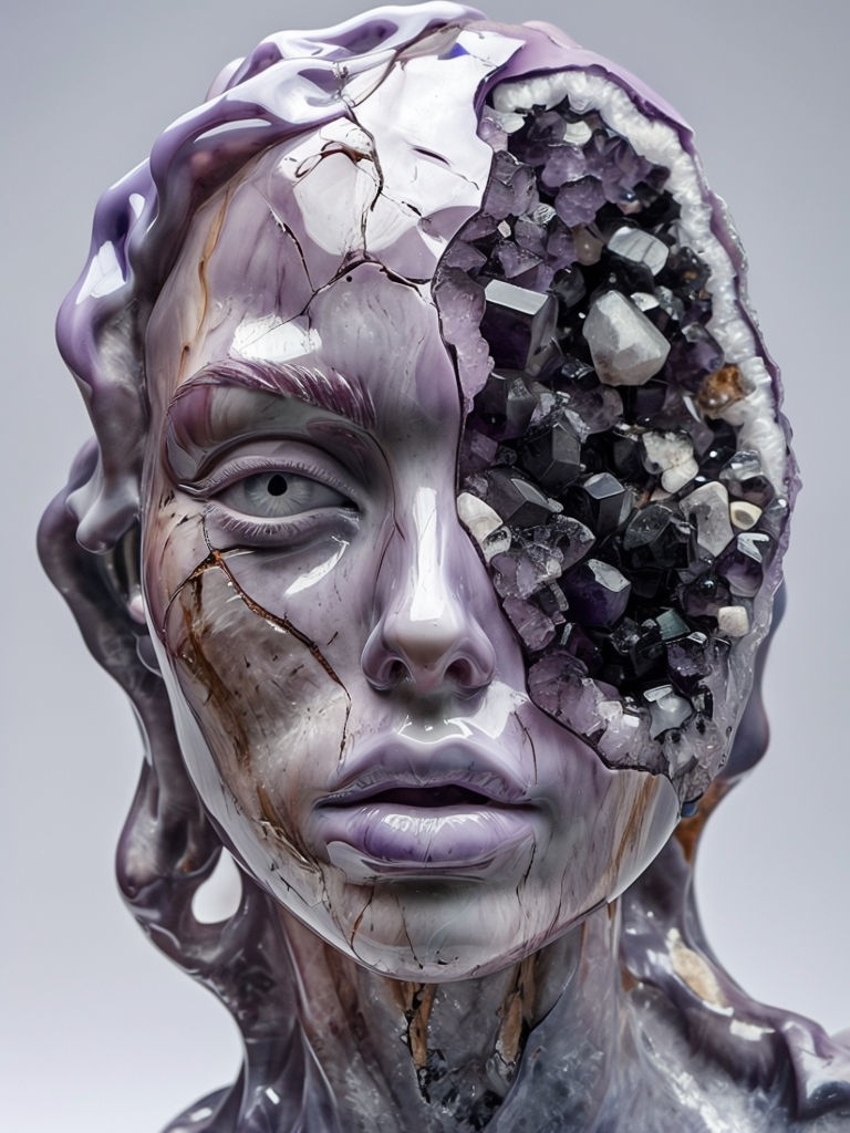 Lavender Abstract Human Head Sculpture with Amethyst Geode Art