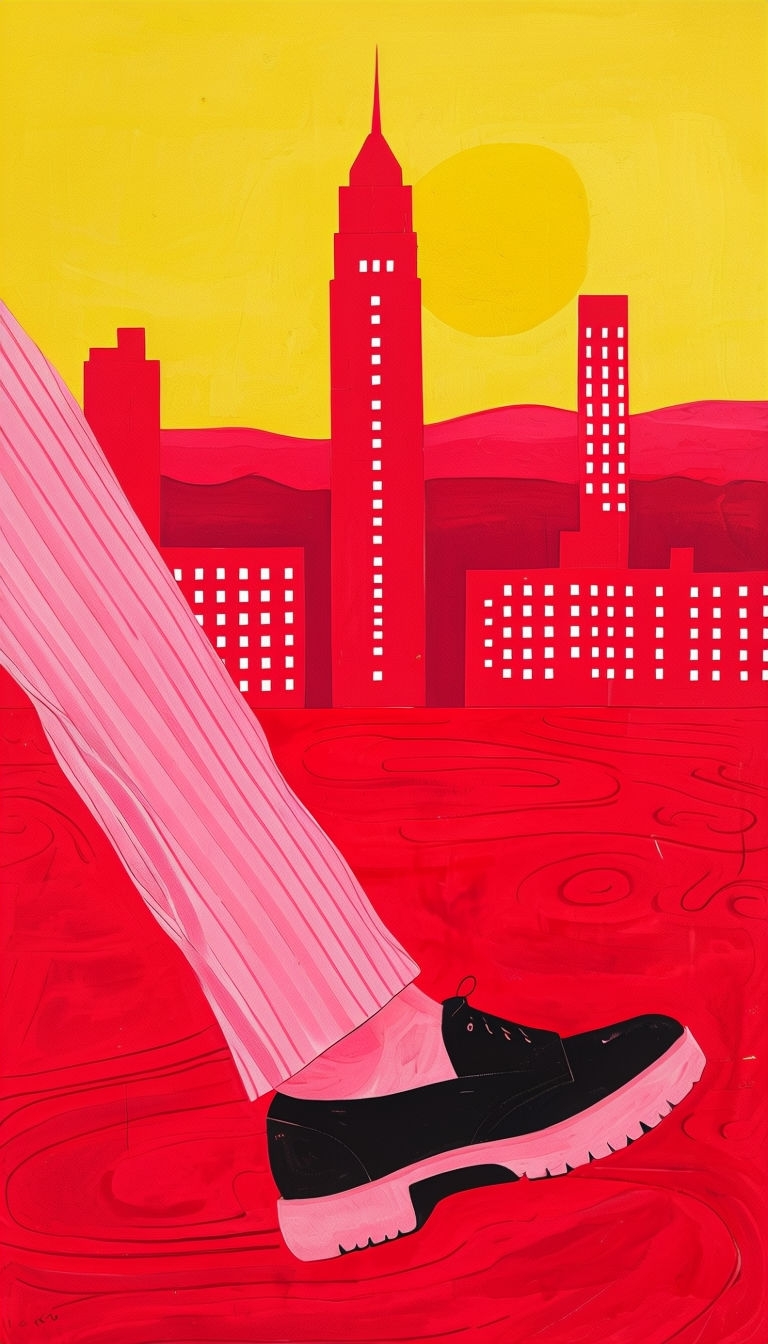 Dynamic Pink Leg Abstract Illustration with Vibrant Cityscape Mobile Wallpaper