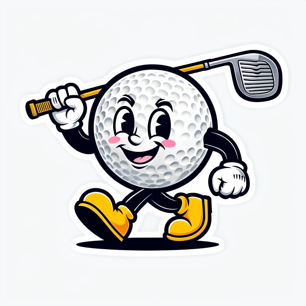 Energetic Cartoon Golf Ball Character with Club Sticker