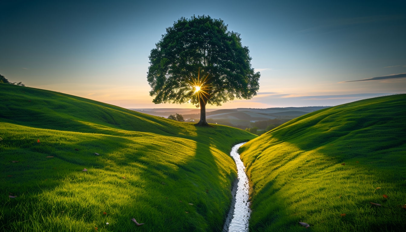Serene Sunset Landscape with Tree and Rolling Hills Virtual Backgrounds