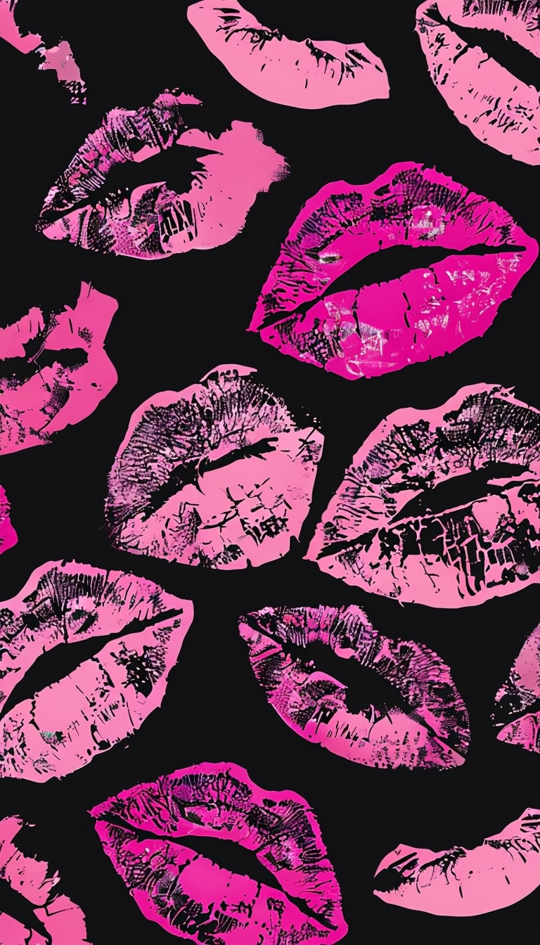 Vibrant Abstract Lipprints on Black Background Mobile Wallpaper