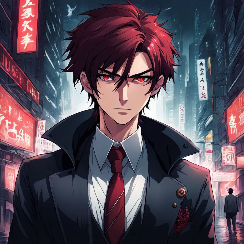 an anime boy in a black jacket and red hair