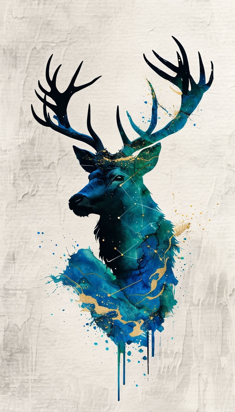 Majestic Stag Silhouette with Abstract Watercolor Art