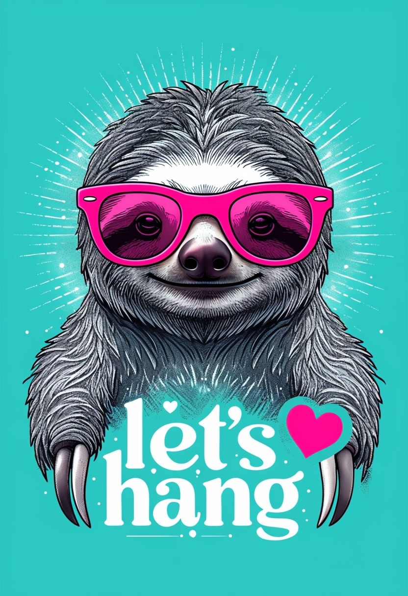 Sloth with Sunglasses and 'Let's Hang' Text Card