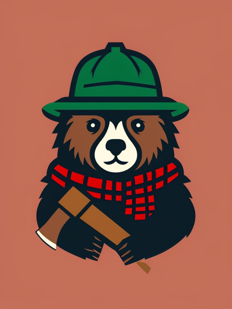 Cartoon Bear with Lumberjack Hat and Plaid Scarf T-shirt