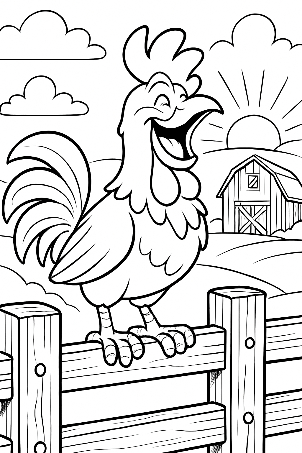 Cheerful Rooster on Fence Black and White Line Drawing Coloring Book Pages