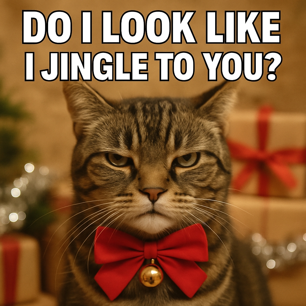 Stern Tabby Cat with Bow Tie and Funny Christmas Quote Meme