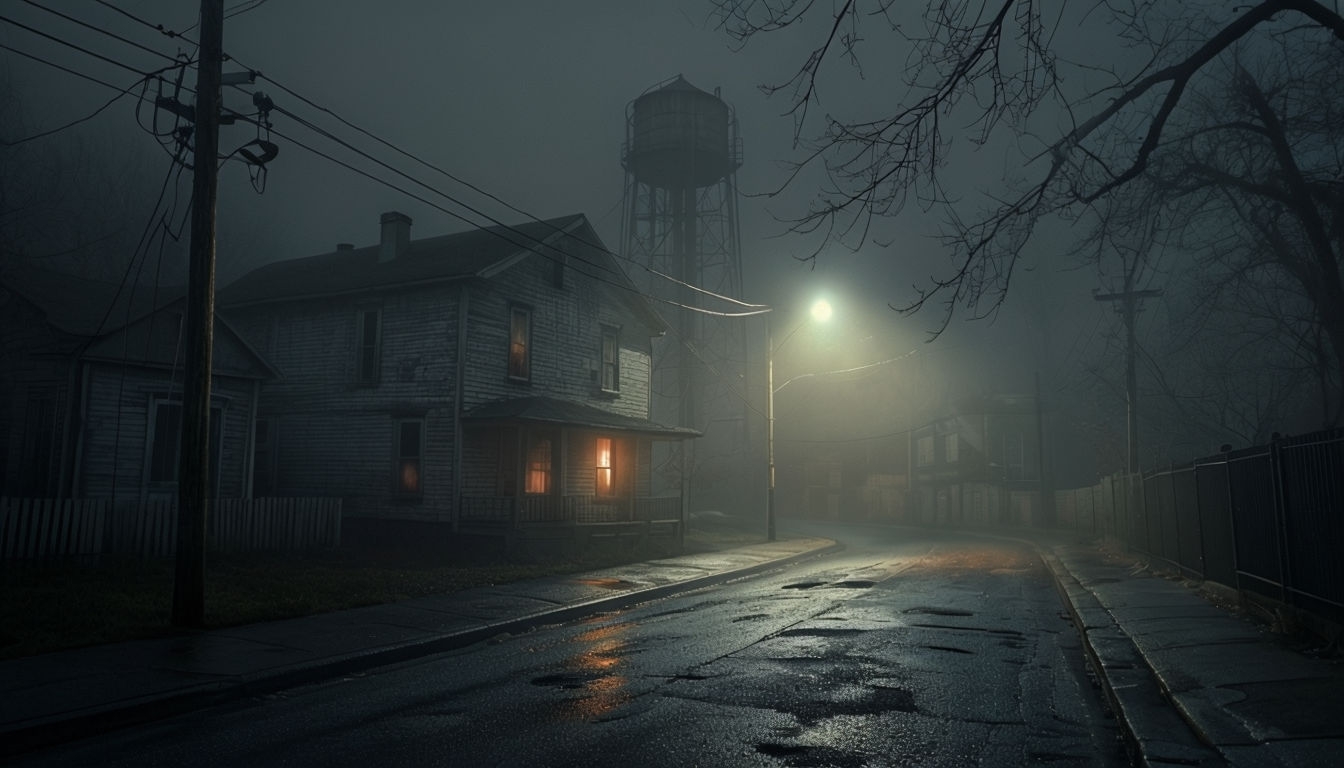 Eerie Foggy Urban Night Scene with Glowing Window Background
