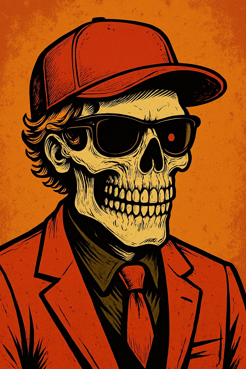 Vibrant Skeleton with Red Baseball Cap and Sunglasses T-Shirt