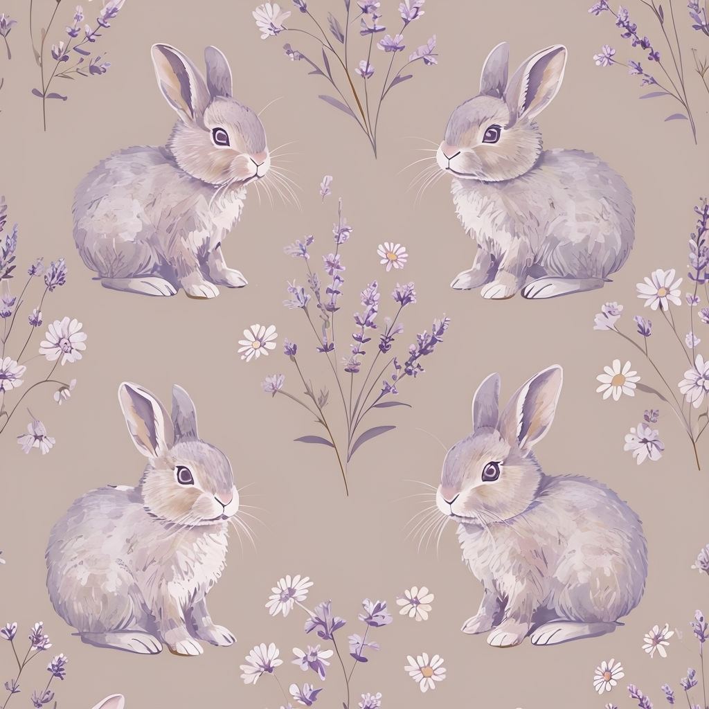 Charming Lavender Bunny Floral Art for Serene Wallpaper