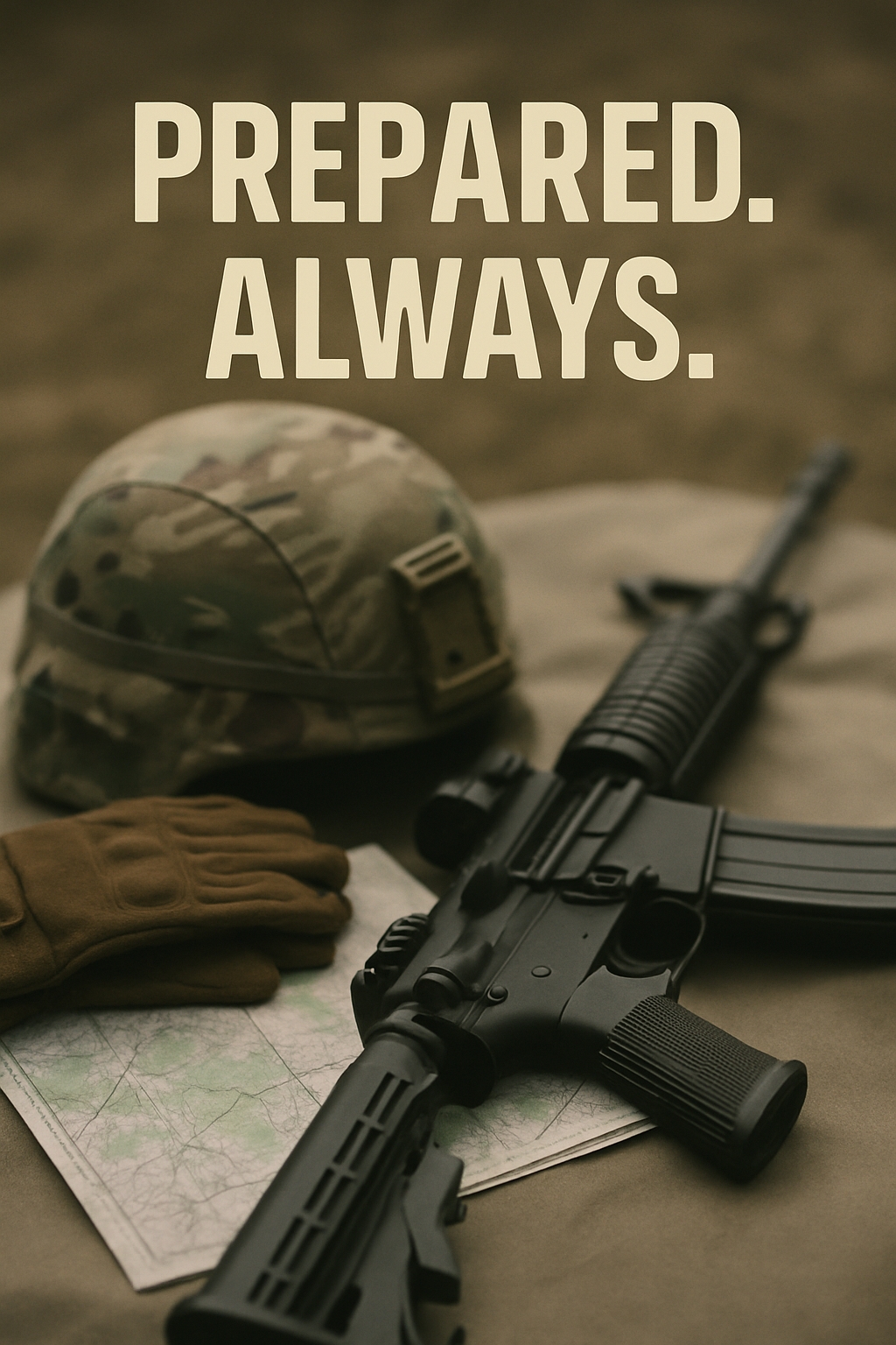 Motivational Military Gear Scene with Text 'Prepared. Always.' Mobile Wallpaper