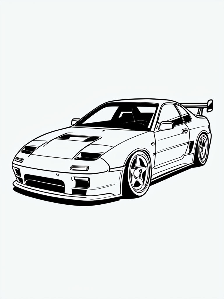 Modern Sports Car Black and White Line Drawing Coloring Page
