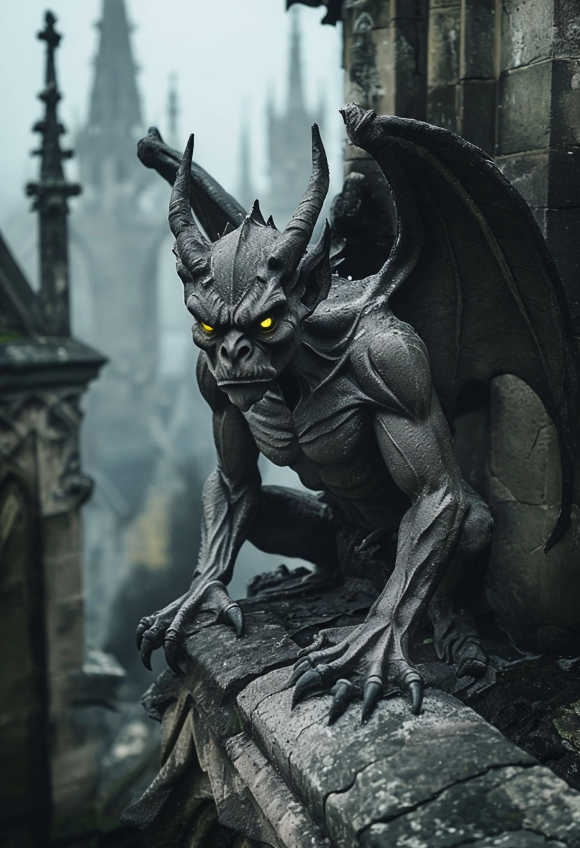 Mysterious Gothic Gargoyle Statue Photograph for Dark Atmosphere Art