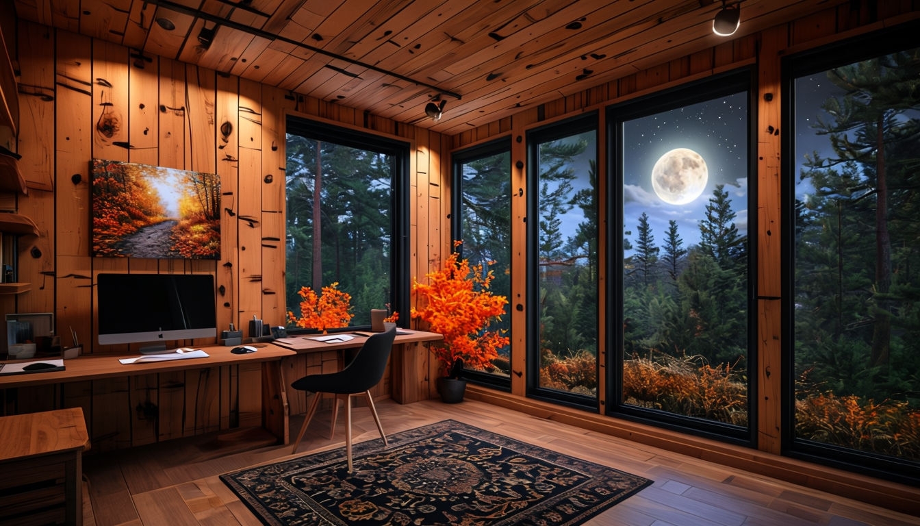 Cozy Modern Rustic Home Office with Forest View and Autumn Decor Art