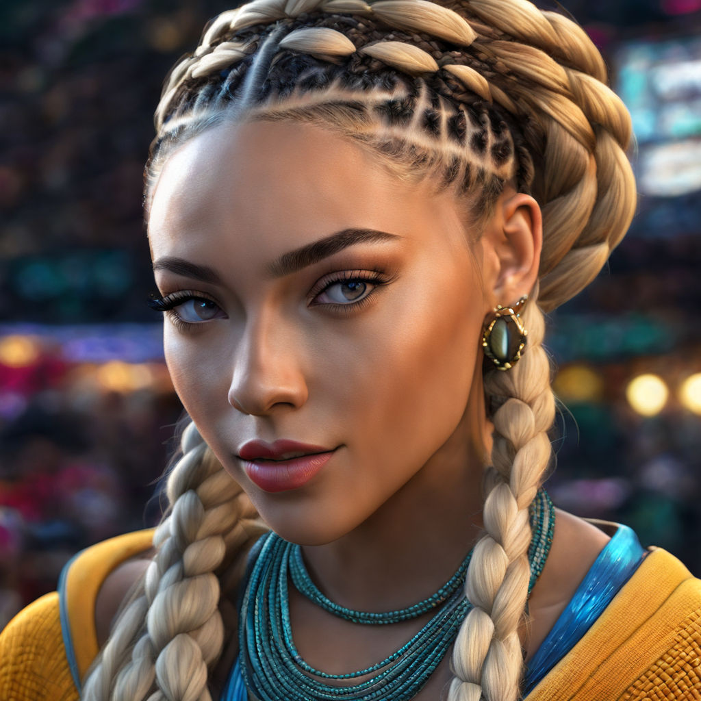 create a photo realistic image of a curvy light skin black woman with super  long golden blonde braids