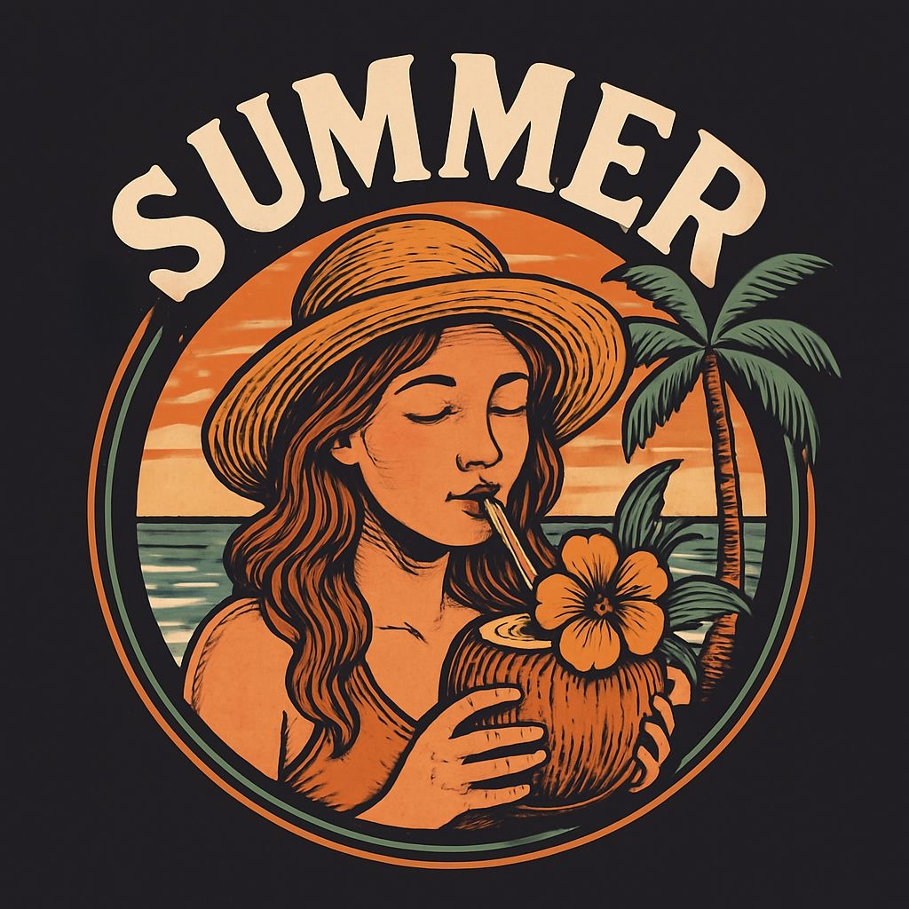 Vintage Summer Beach Scene with Woman and Coconut T-Shirt