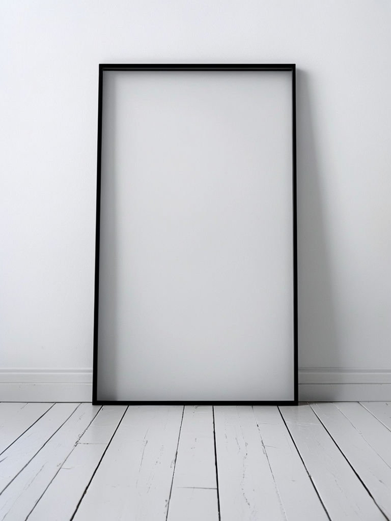 Minimalist Black Picture Frame Leaning Against White Wall Mockup