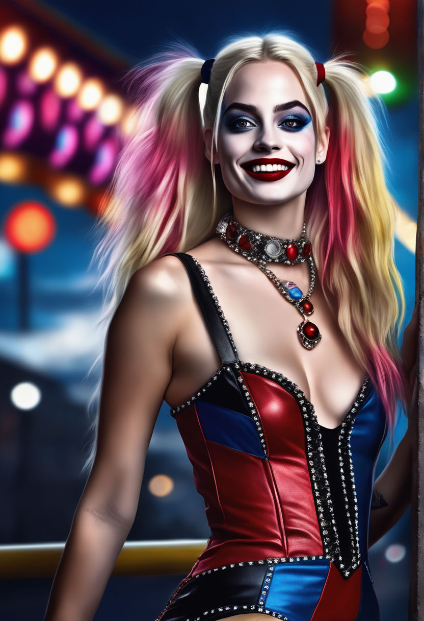 digital photo of beautiful „margot robbie“ as harley quinn smiling  hyperrealistic harley quinn (wearing