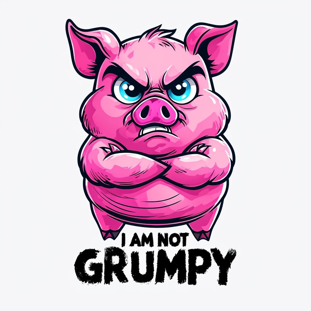 Grumpy Piggy Character with "I AM NOT GRUMPY" Text Mug