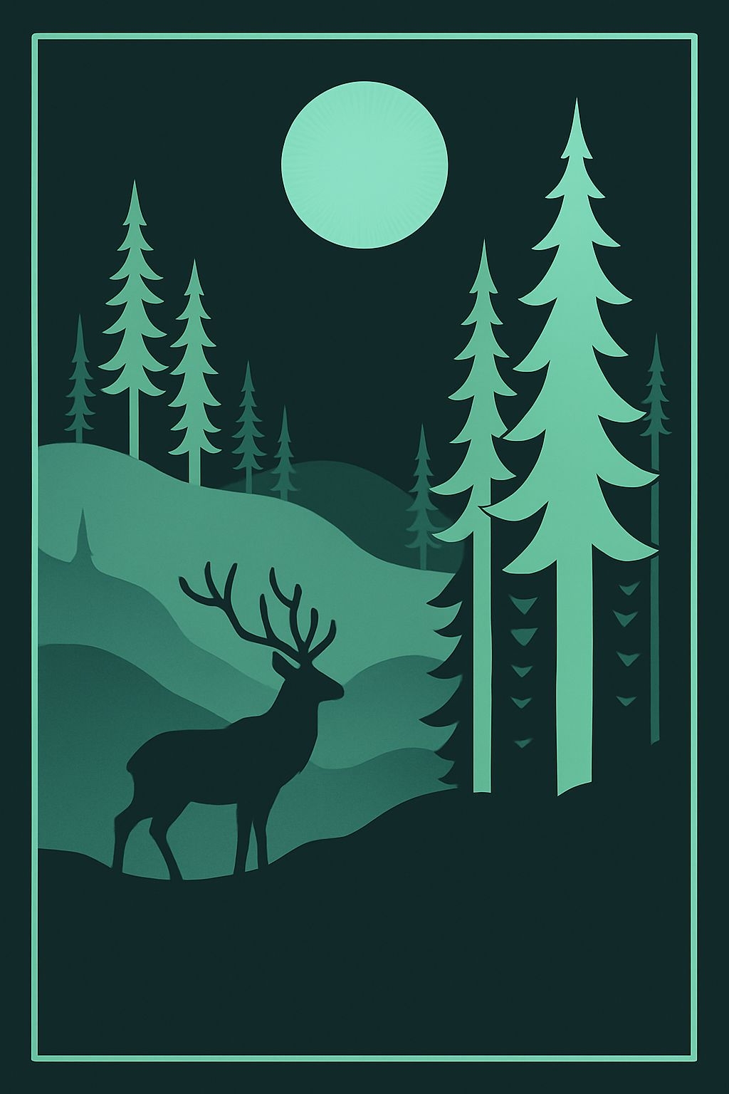 Minimalist Nocturnal Forest with Deer and Moon T-Shirt
