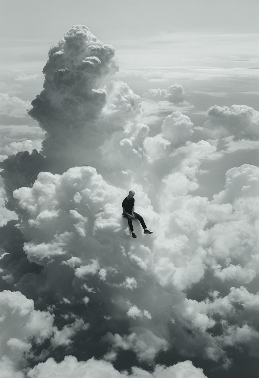 Surreal Black and White Cloud Sitting Contemplation Mobile Wallpaper