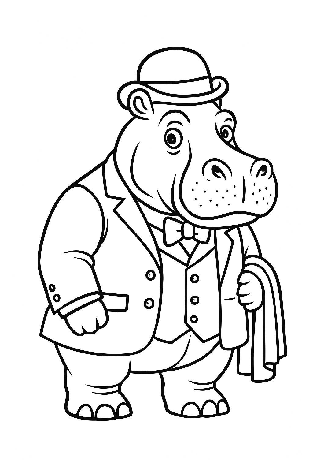 Dapper Cartoon Hippo in Formal Attire Line Drawing Coloring Book Pages