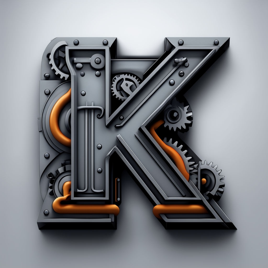 3D Industrial Mechanical K Monogram Design for Strength and Innovation