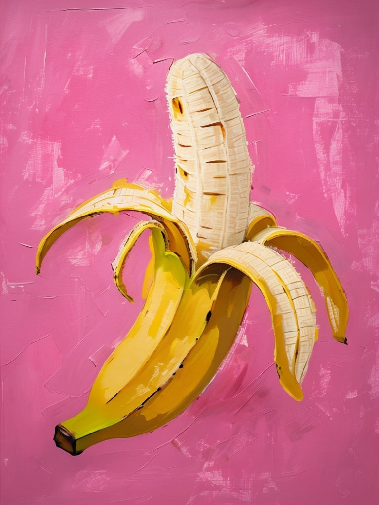 Vibrant Peeled Banana Impressionistic Artwork with Pink Background Art