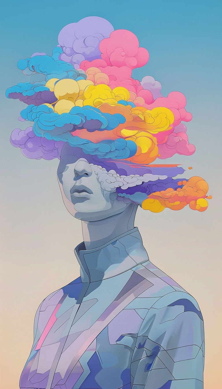 Surreal Human Figure Merging with Vibrant Abstract Clouds Art