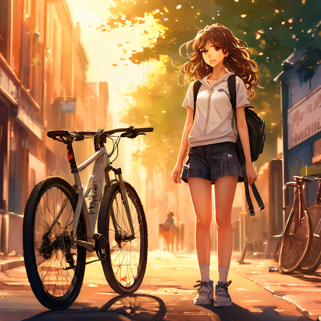 A anime girl riding on a bicycle on a road at sunny day