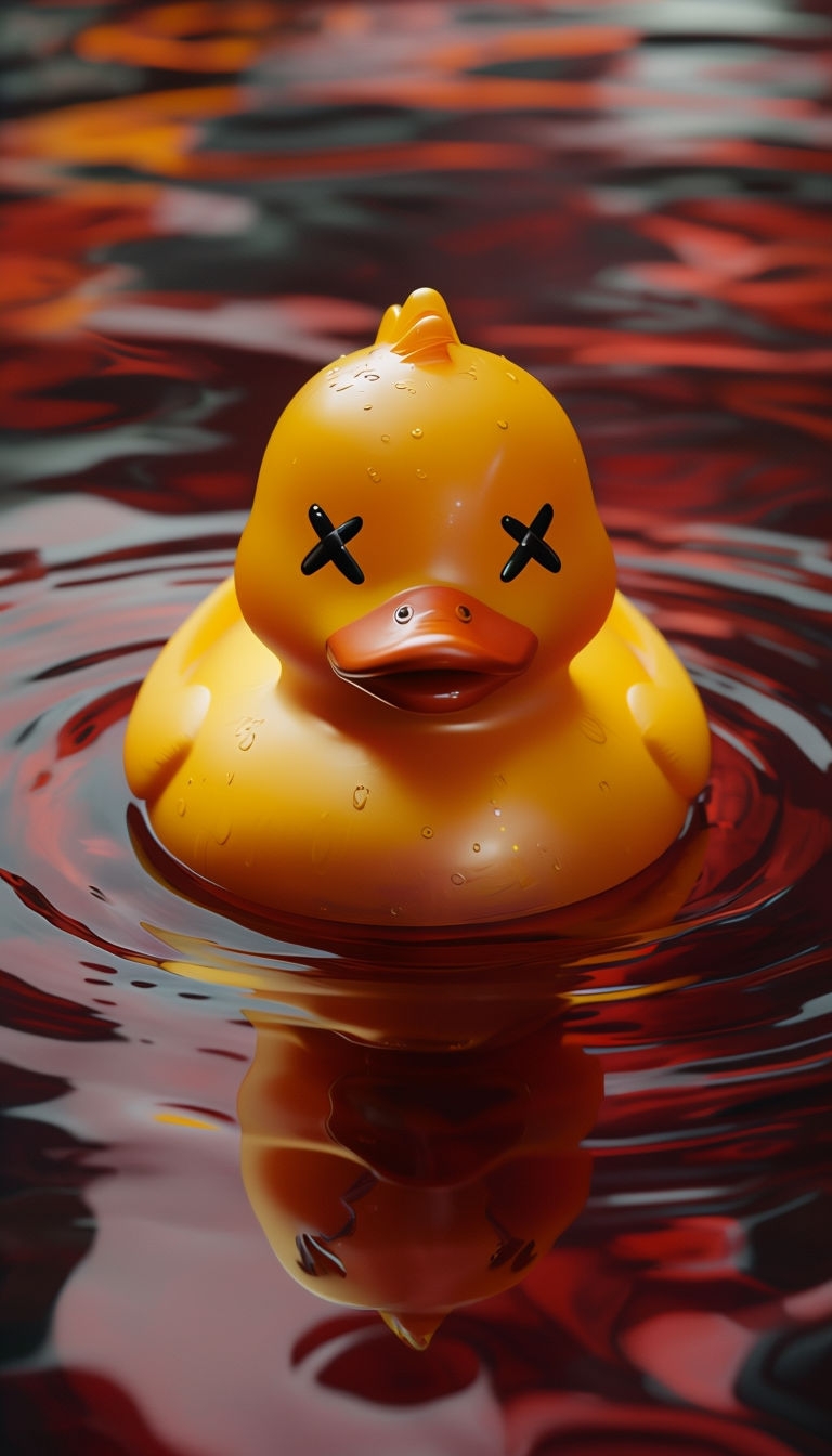 Eerie Yellow Rubber Duck Floating in Dark Red Liquid Art