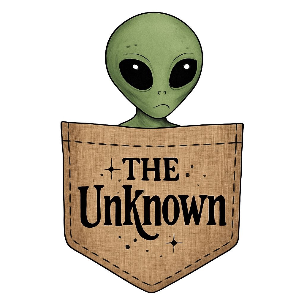 Sad Alien Peeking from Pocket with Text 'THE Unknown' T-Shirt