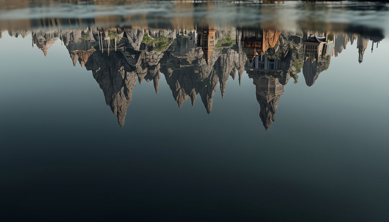 Surreal Reflection of Impossible Landscape on Still Water Background