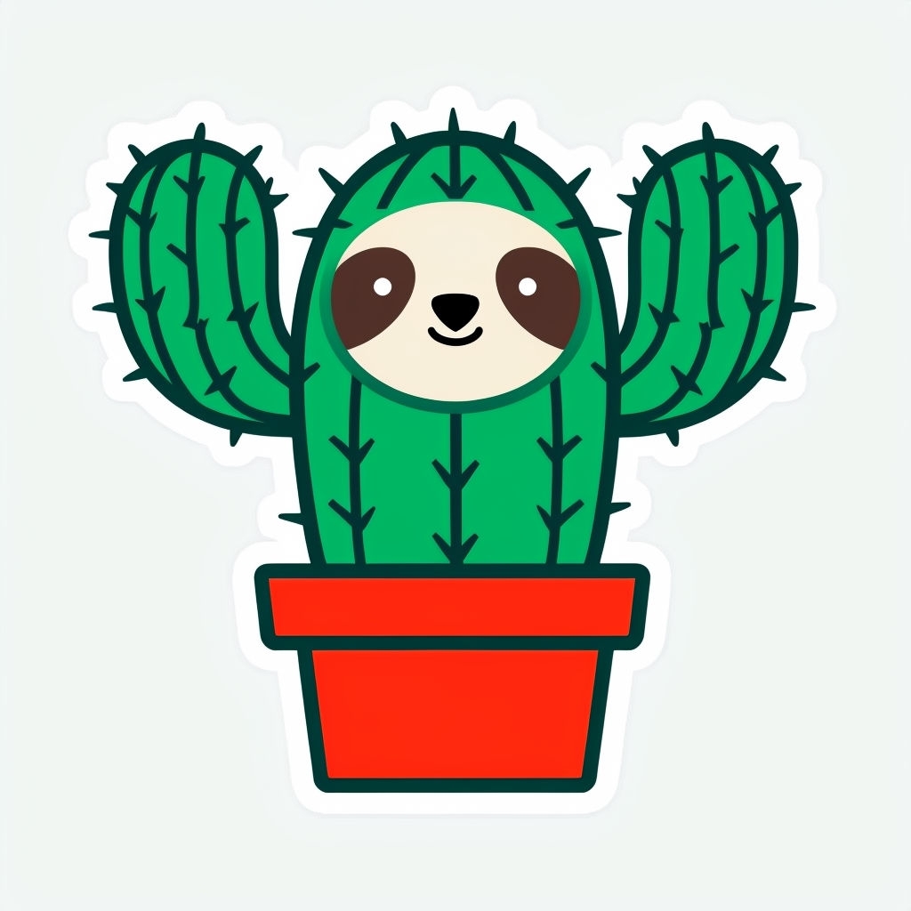 Whimsical Sloth Cactus Cartoon Illustration Sticker